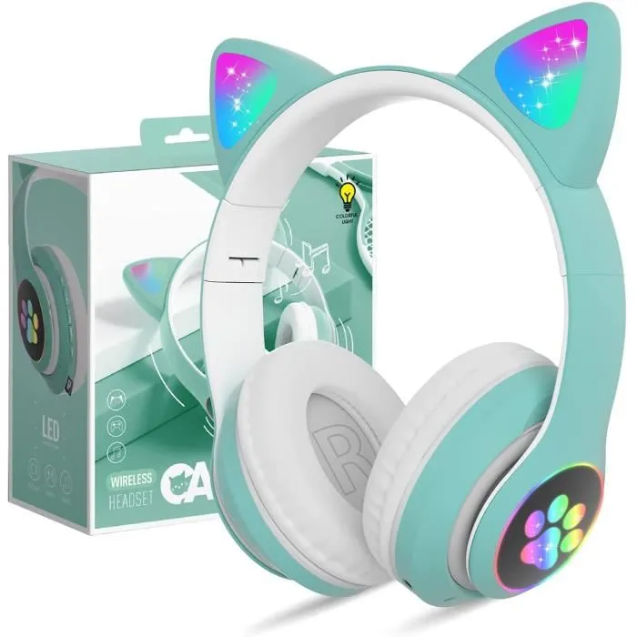 Casque Bluetooth Enfant Oreilles de Chat – Volume Limité 85 dB, Lumière LED
