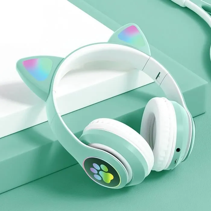 Casque Bluetooth Enfant Oreilles de Chat – Volume Limité 85 dB, Lumière LED